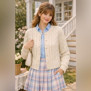 Boden Alpaca Vintage Cream Cable Knit Cardigan Sweater Size 12